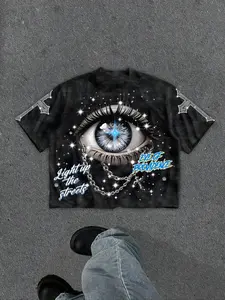 Men's Loose Fit Casual Graphic Printed T-Shirt, Y2K Aesthetic Streetwear, Casual Street Fashion, Eye Print, Rhinestone Details, Sparkle Design, Soft Comfort Fabric