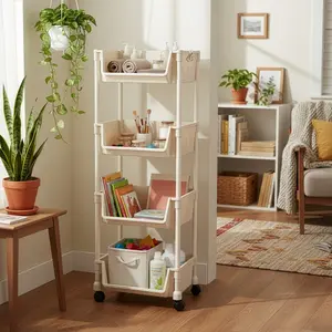 Four-Tier Multi-Functional Plastic Storage Cart with Wheels, Layered Number Rack for Bedroom Kitchen Bathroom Living Room, Durable Storage