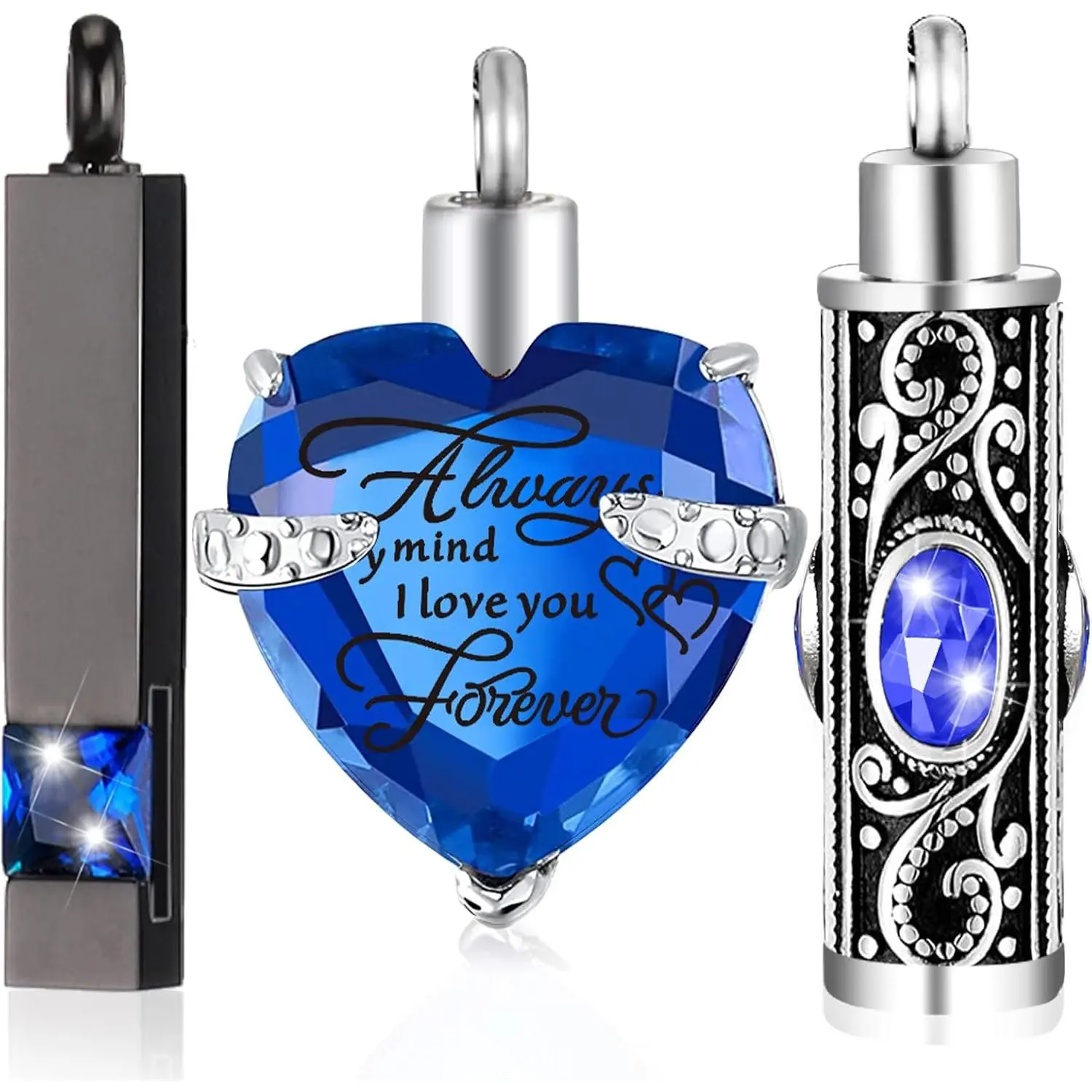 3-Piece Cremation Urn Necklace Set for Ashes, Stainless Steel Memorial Pendants with Crystal Heart, 6mm Zircon Bar & Cylinder, 6 Mm Width