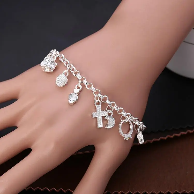 Women's Vintage Silver 13-Charm Bracelet, an Elegant Jewelry Bracelet with Myth, Cross, and Heart Charms - Unisex Daily Accessory, Matching Couple Bracelets