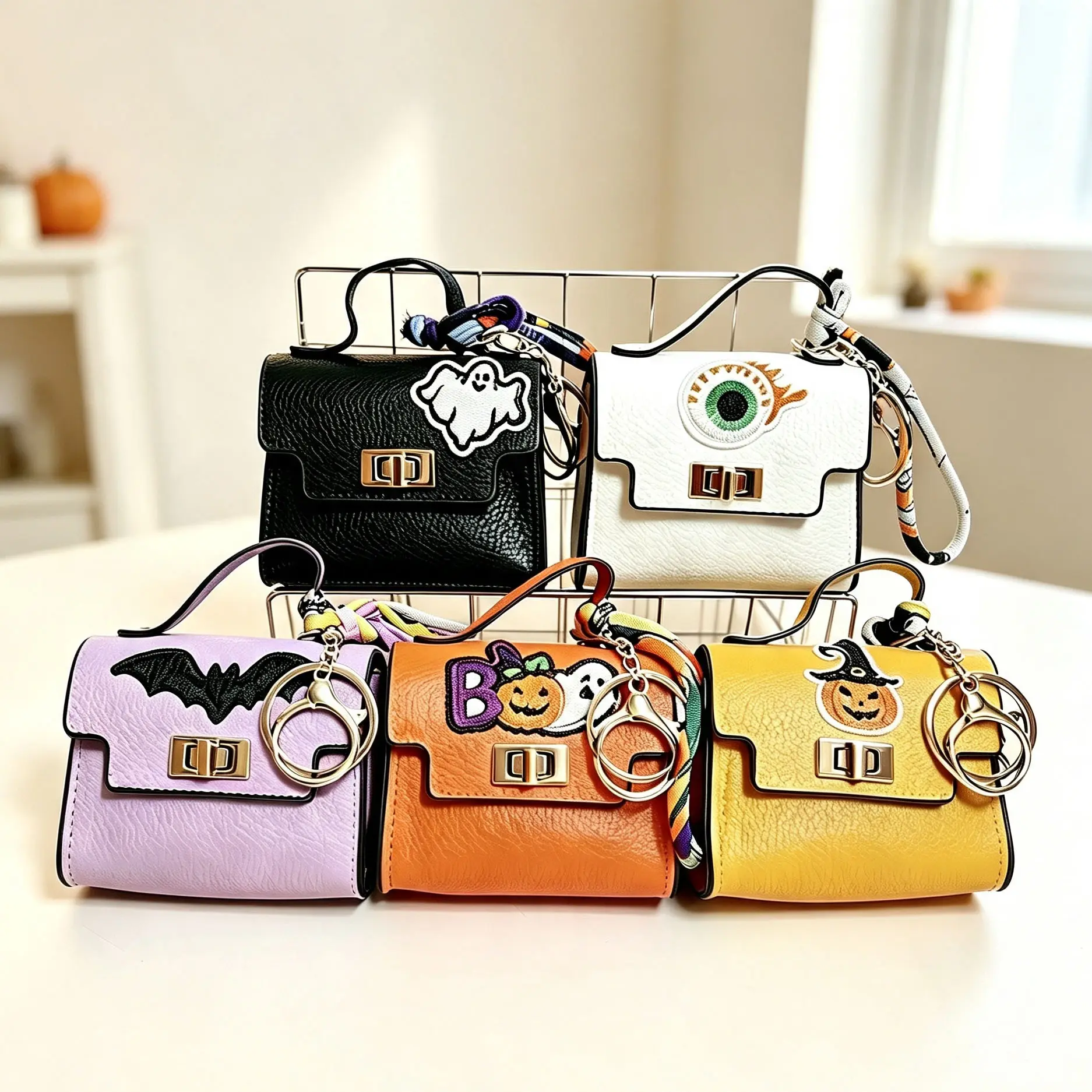 Halloween‑Themed Mini Square Bag Pendant Keychain - High Quality Leather with Colorful Strap, Cute Car Keychain & Bag Charm Accessory, Great for Halloween Gift Exchange, #sohochic