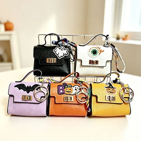 Halloween‑Themed Mini Square Bag Pendant Keychain - High Quality Leather with Colorful Strap, Cute Car Keychain & Bag Charm Accessory, Great for Halloween Gift Exchange, #sohochic