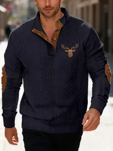 Men's Casual High-Quality Embroidered Pullover, Custom Deer Print, Outdoor Fashion Comfortable Long Sleeve Sweatshirt, Perfect Christmas Gift