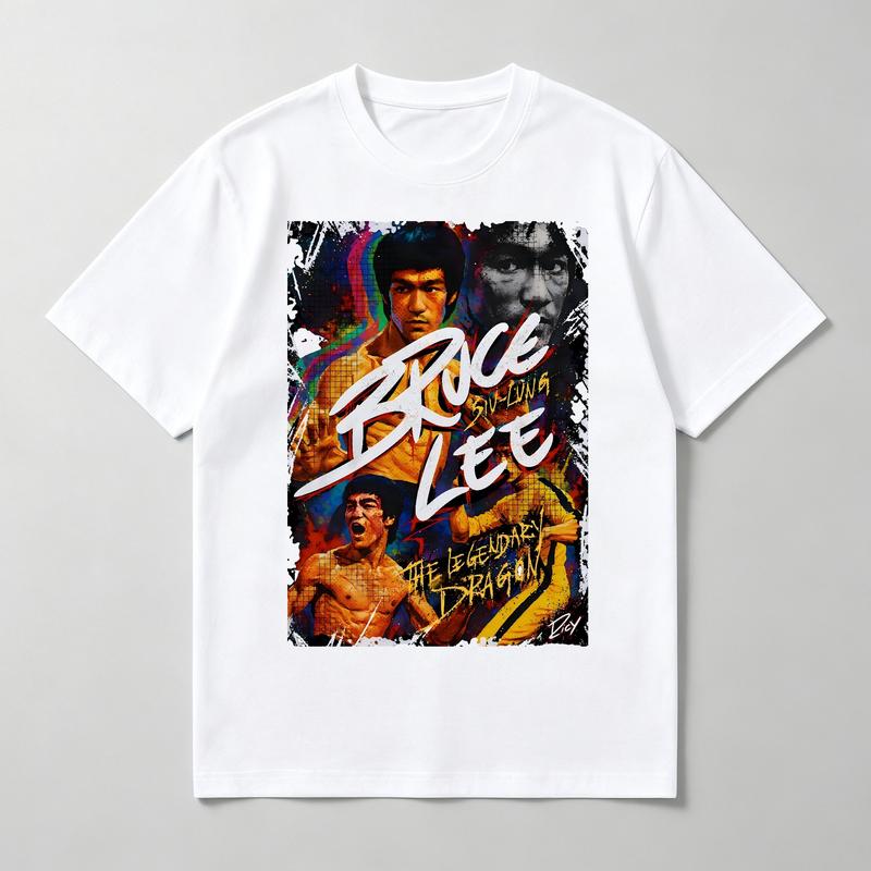 Men’s Vintage Bruce Lee The Legendary Dragon Cotton Graphic Tees - Round Neck Short Sleeve Martial Arts Icon Top, Retro Kung Fu Casual Loose Fit Menswear for Daily Street Outfits