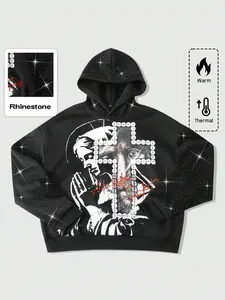 Men's Hooded Sweatshirt Autumn Winter Jesus Mother Cross Print Rhinestone Patchwork Streetwear, Hip Hop Skateboard Casual Loose Fit