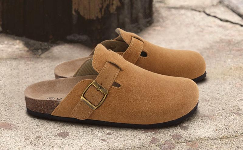 KIDMI Genuine Suede Clogs for Women Men Soft Cork Footbed Leather Mules Comfort Potato Shoes with Arch Support Outdoor Nonslip Walking Shoes