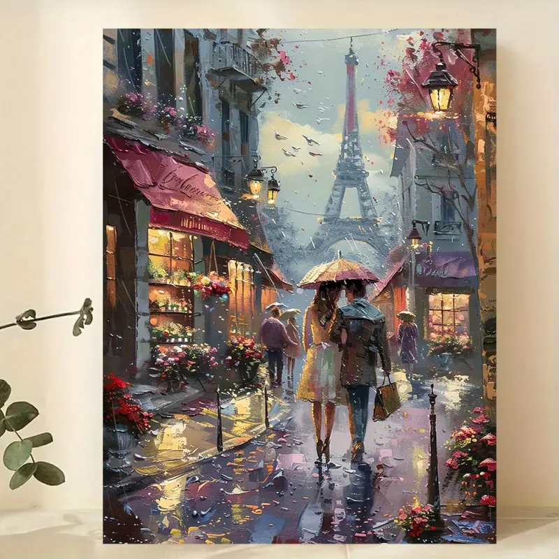 1 Piece Wooden Frame Canvas Art - Romantic Paris Couple Scene Under Umbrella, Autumn Eiffel Tower and Cafe Wall Decoration, Ideal for Home, Office, or Halloween, Christmas, Easter, Birthday Gifts| Atmospheric colors, Paris-style room decoration