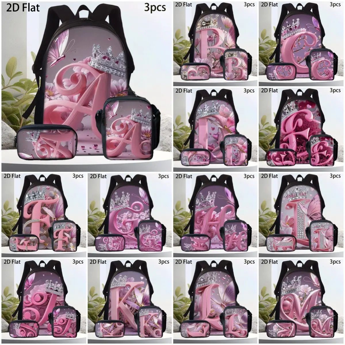 Girls’ 3-Pieces Cute Daypacks Set - Synthetic 600D Oxford Cloth & Polyester, Insulated Lunch Box, Pencil Case, Adjustable Padded Chic Straps, 15in Laptop Fit, Initial Crown Print, Durable for School & Casual Outings, Small School Supplies