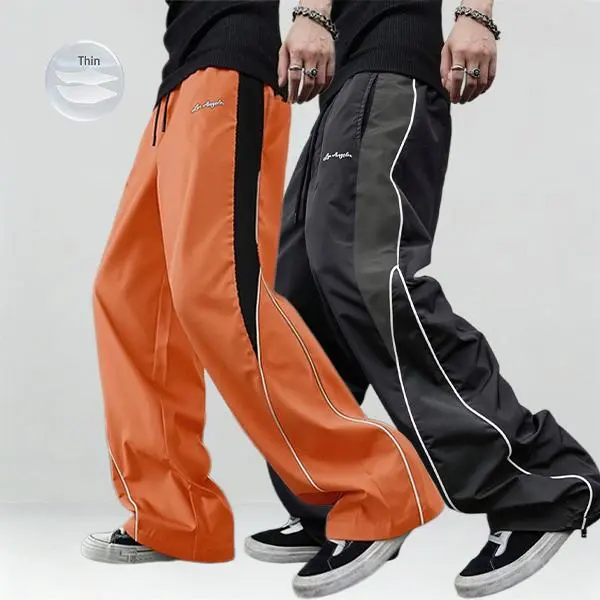 Men's 2-Piece Drawstring Joggers Pants Set - Black Colorblock, White Side Stripes, Embroidered Design, Loose Straight Cut, Polyester Fabric, Gym Sportswear Bottoms, Sports Jogger Sweatpants, Casual Streetwear