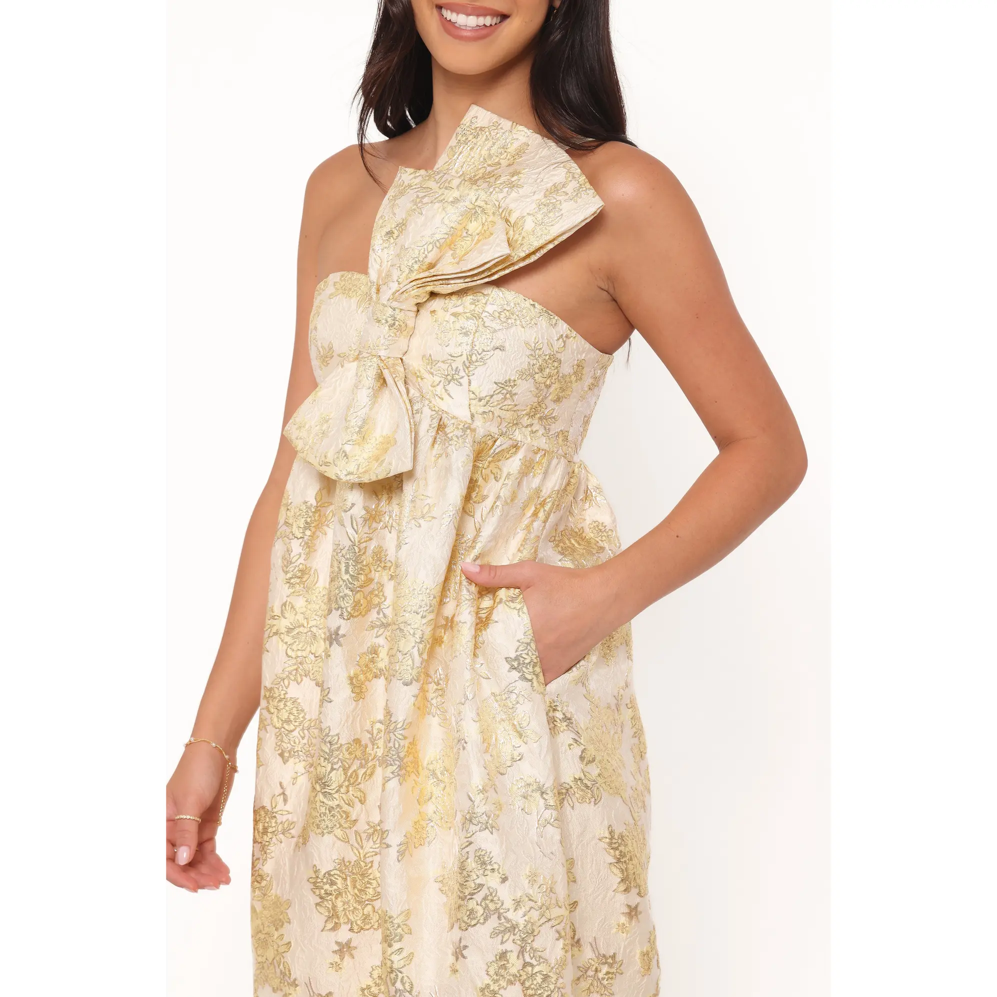 Betina Bow Front Maxi Dress - Yellow Brocade - TikTok Shop Betina Bow Front Maxi Dress - Yellow Brocade - TikTok Shop