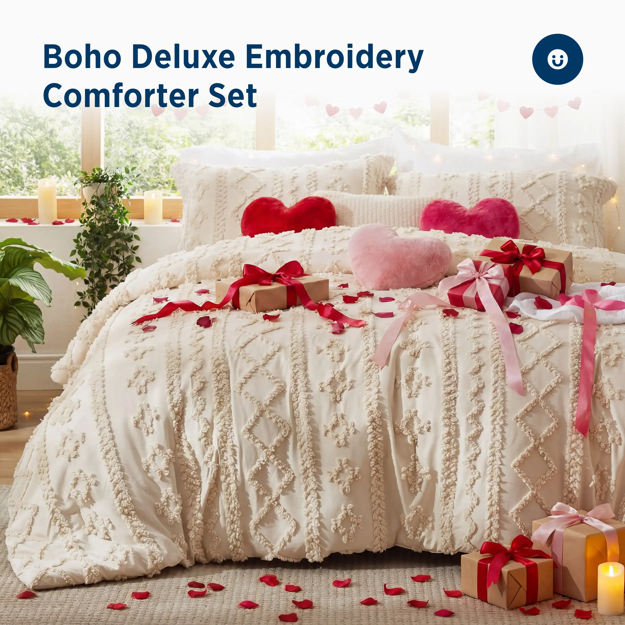 Bedsure Tufted Boho Comforter Set, GentleSoft 3 Pieces Farmhouse Shabby Chic Embroidery Bedding, Oversized Bedding, Soft Jacquard Comforter for All Seasons, Bed Set
