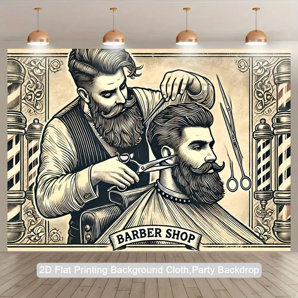 1pc Vintage 2D Flat Polyester Barber Shop Mural Backdrop - Soft Texture, Glam, Durable Photography Background with Scissors, Razor, Striped Pole Printing, Ideal for Indoor Party Decor, Studio Props, Indoors