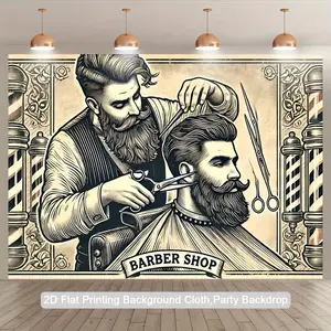 1pc 2D Flat Vintage Barber Shop Mural Backdrop - Polyester Photography Background with Scissors, Razor & Striped Pole Design Ideal for Indoor/Outdoor Party Decor, Studio Props Birthday Celebrations
