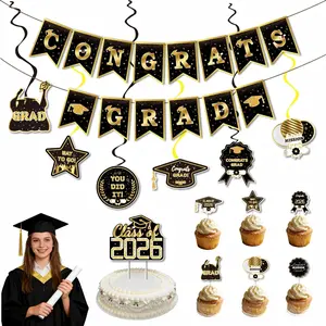 Graduation Party Decorations Set Black and Gold Congrats Grad Banner Cake Toppers and Hanging Swirls for Party Backdrop Supplies Graduation Celebration