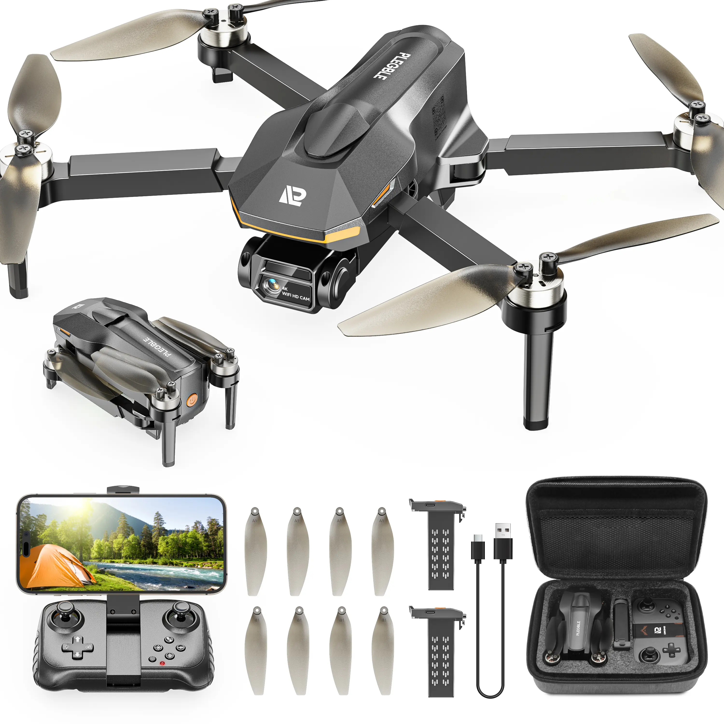 PLEGBLE 4K Drone with Camera for Adults, Folding Quadcopter with Brushless Motor, FPV Drone, 30 Mins Flight (2 Batteries), One Key Start, Emergency Stop, Quadcopter Design Toy Gift for Beginners
