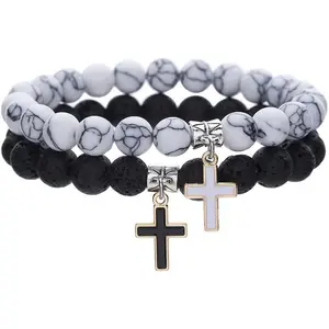2pcs set  Cross Bangle Bracelet for Couple Friendship  Lava Stone Beaded Jesus Faith Cross Charm Bracelet for Women Men Natural Stone Stretch Link Prayer Bracelet for Best Friends Sisters Family