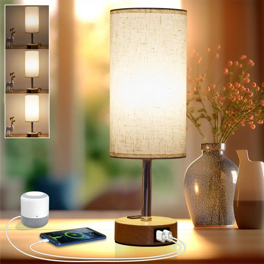 Cylinder Touch Lamp, Dimmable USB Lamp Include One LED Bulb, Fabric Shade Lamp Built in 1 USB 1 Type C Ports & 1AC Outlet, Bedside Lamp Idea for Bedro