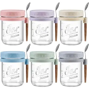 6 Pack Overnight Oats Containers with Lids and Spoons, 16 oz Glass Mason Overnight Oats Jars, Large Capacity Airtight Jars for Milk, Cereal, Fruit