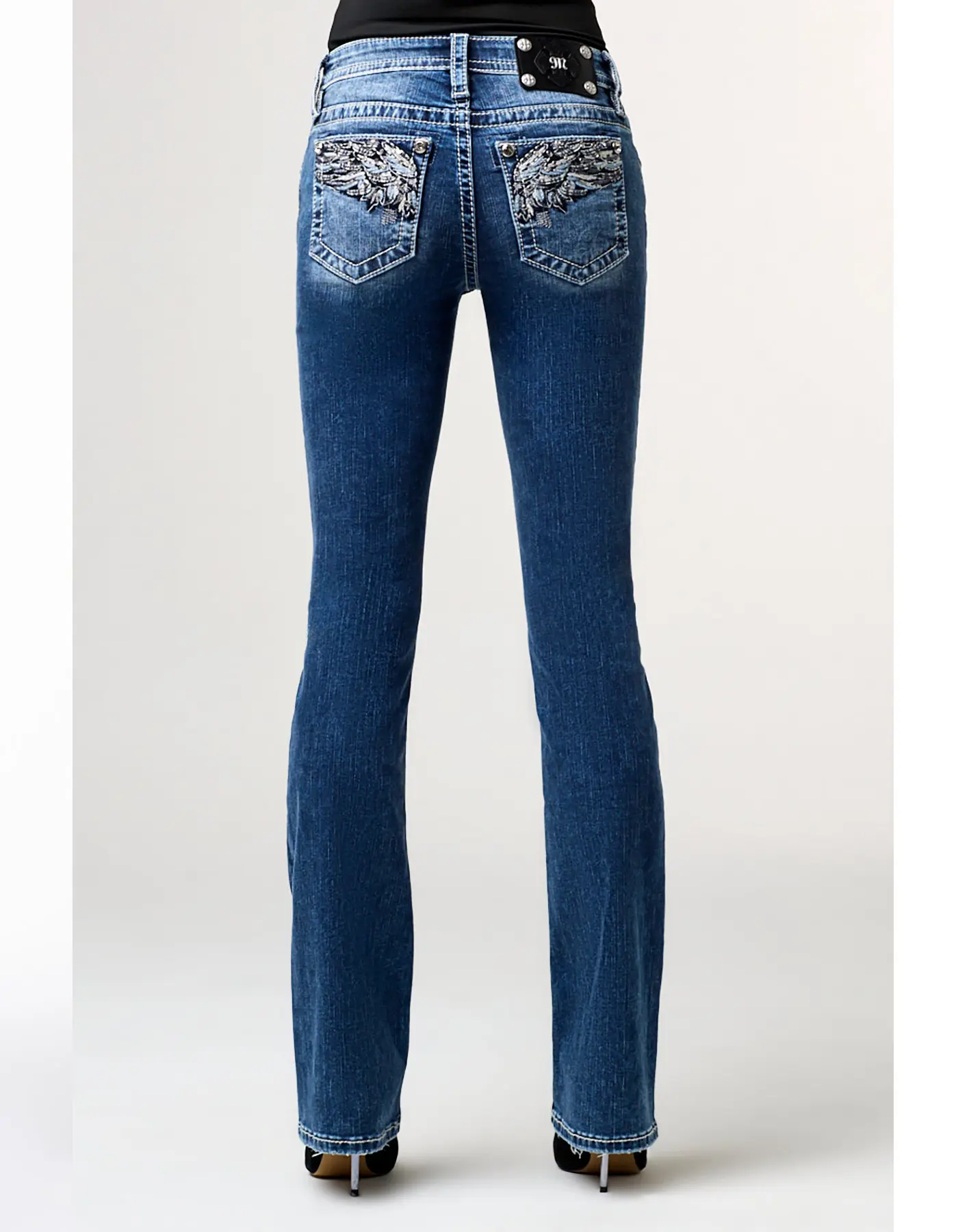 Miss Me Women’s Mid-Rise Bootcut Jeans - Light Wash Denim - Angel Wing Bling & Rhinestone Details - Y2K-Vintage Women's Jeans - Wear All Seasons