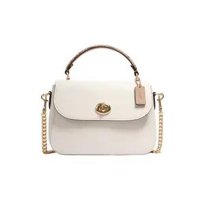 COACH Marlie 24 Medium Leather Handbag with Turn-Lock Flap and Snakeskin Strap for Women in White