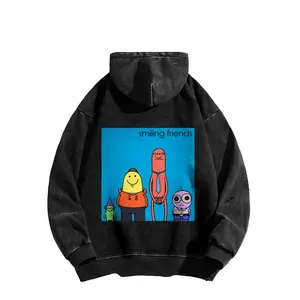 Smiling Friends Washed Cotton Sweatshirt, Smiling Friends SS3 Hooded Sweatshirt, Cartoon Double-sided Print Retro Washed Cotton Sweatshirt Fabric Men's Top