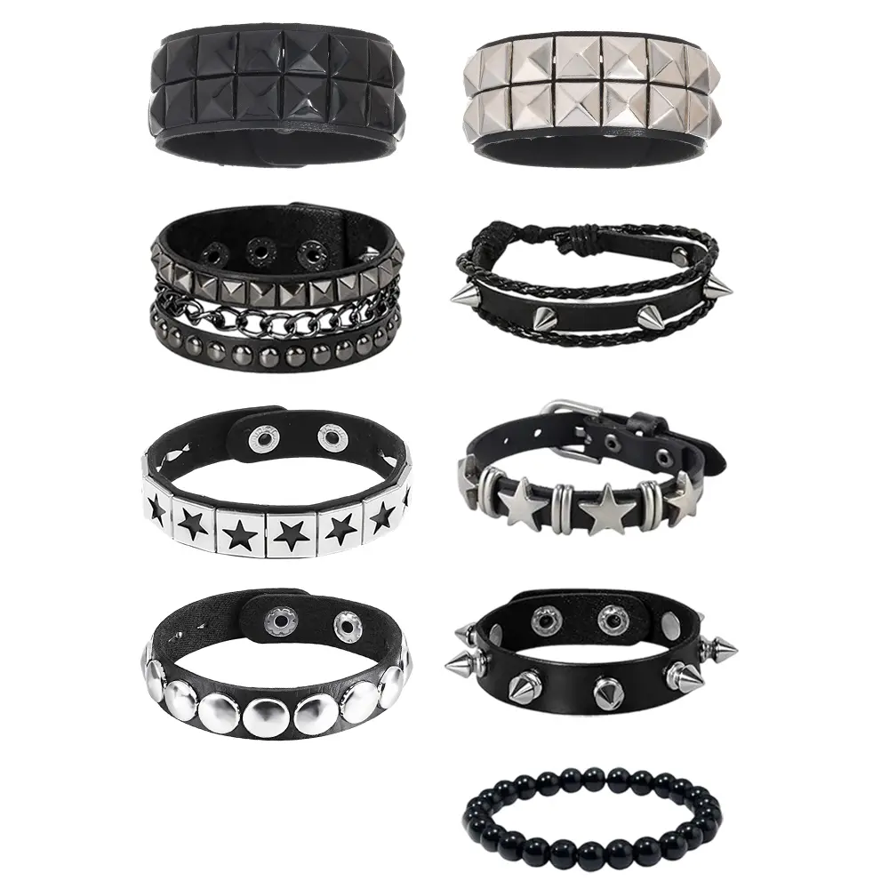 9Pcs Punk Rock Bracelet Set, Studded Spiky Faux Leather Cuff Bracelets, Emo Goth Wristbands for Men Women, Adjustable Rivet Chain Star Bangle Pack