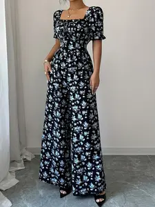 1 Piece Square Neck Puff Sleeve Floral Smocked Waist Wide Leg Jumpsuit, French Retro Chic Vacation Romper