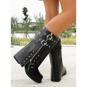 Women's Punk Style Knee-High Heeled Boots, PU Leather & Rubber Sole, Metal Decorative Design, Fall Winter Fashion Shoes, Winter Warm Boots