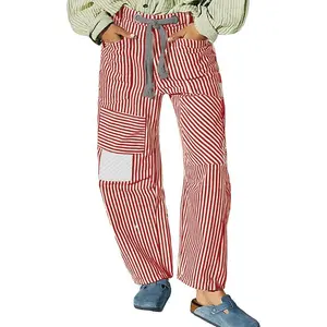Women’sStripedWideLegPants–ElasticWaistDrawstringLooseTrouserswithPockets–CasualPatchworkLounge&StreetwearWomenswearAdjustable