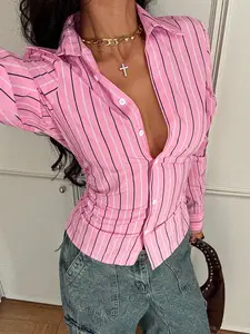 Women's Single-Breasted Long Sleeve Striped Slim Fit Collared Shirt, Casual Daily Wear, Long Sleeve Blouse, All Seasons, Gift Choice, Top