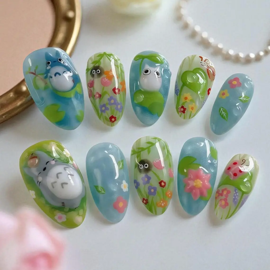 Totoro Nail Art Set, Studio Ghibli Press On Nails, Cute Cartoon Nails, Handmade 3D Floral Nail Tips, Anime Nail Design, Kawaii Nails