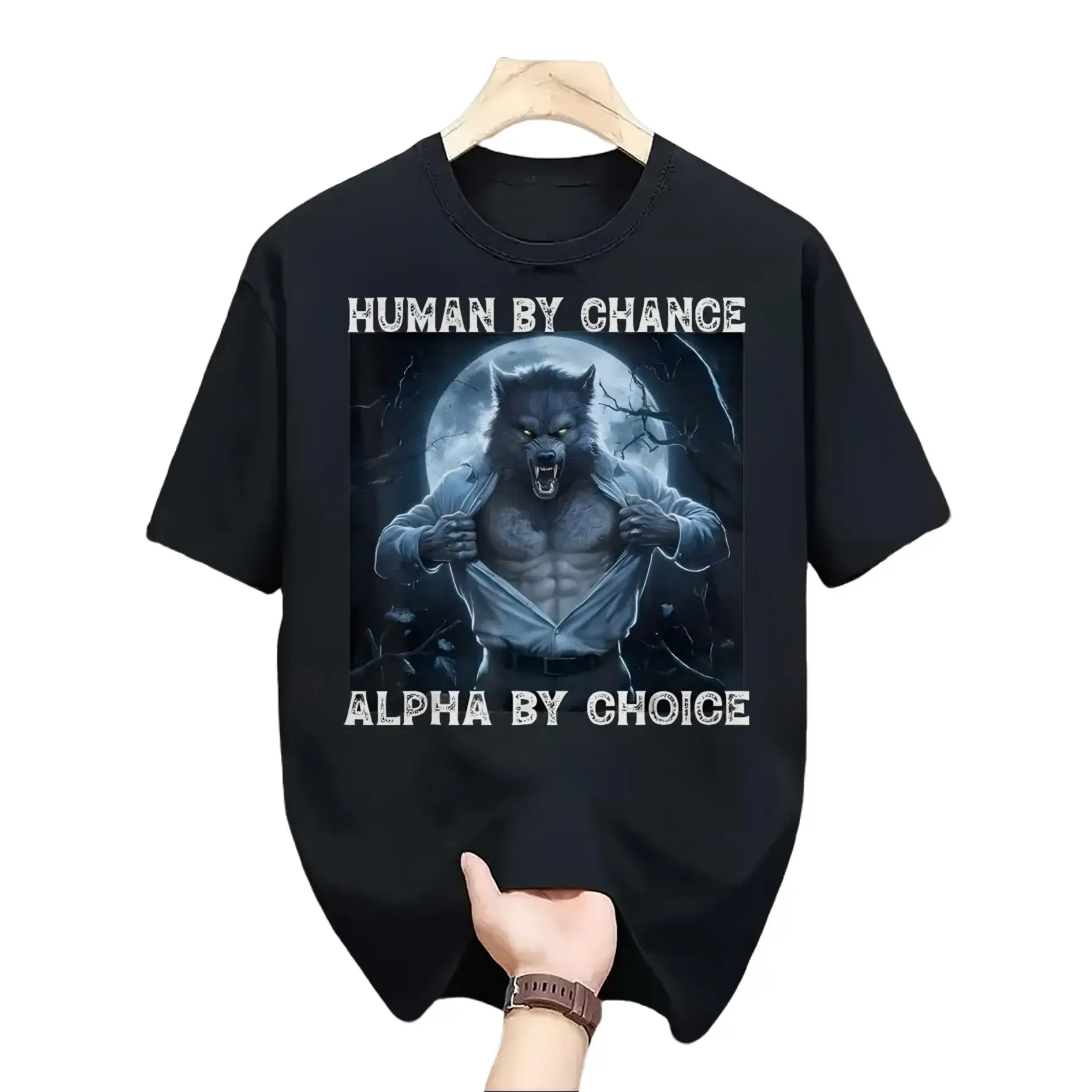 Casual Streetwear Style, Men's T-Shirt, Human By Chance Alpha By Choice Wolf Graphic Print, Summer Daily Wear Outdoor Activity, Gift For Boyfriend Husband Male Friend