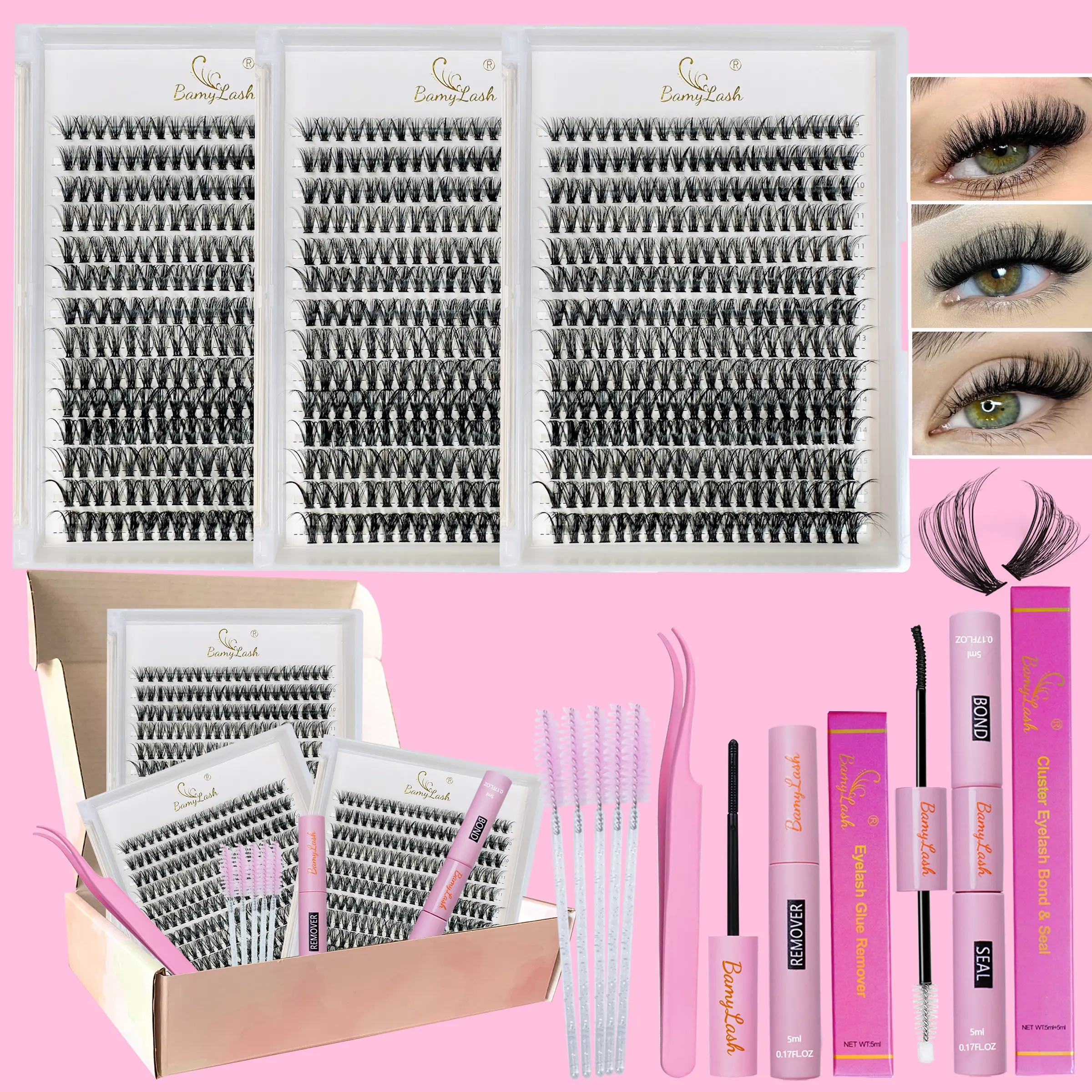 Women's Fashion Eyelash Extension Kit, Diy Eyelash Extensions, Includes 3 Boxes D Curl 9-16mm Lashes, False Eyelashes Clusters, Fluffy Cluster Eyelash, 840 Pieces, Glue, Remover, Tweezers, Brushes, Gift Box, Perfect for Special Occasions, Cosmetic