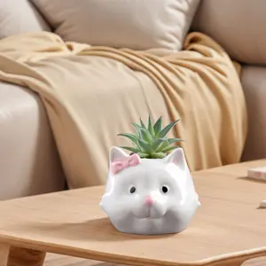 Cat Ceramic Succulent Pot Cartoon Bonsai Pot Decorative Small Plant Holder Multi-Function Flower Planter Pot with Drain Hole for Micro Landscape
