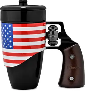 Pukomc Mug Black "Trigger" Your Morning Coffee – 16oz Ceramic Drinkware Tumbler Cup, Reusable, with Wood Handle and Cool Revolver Design