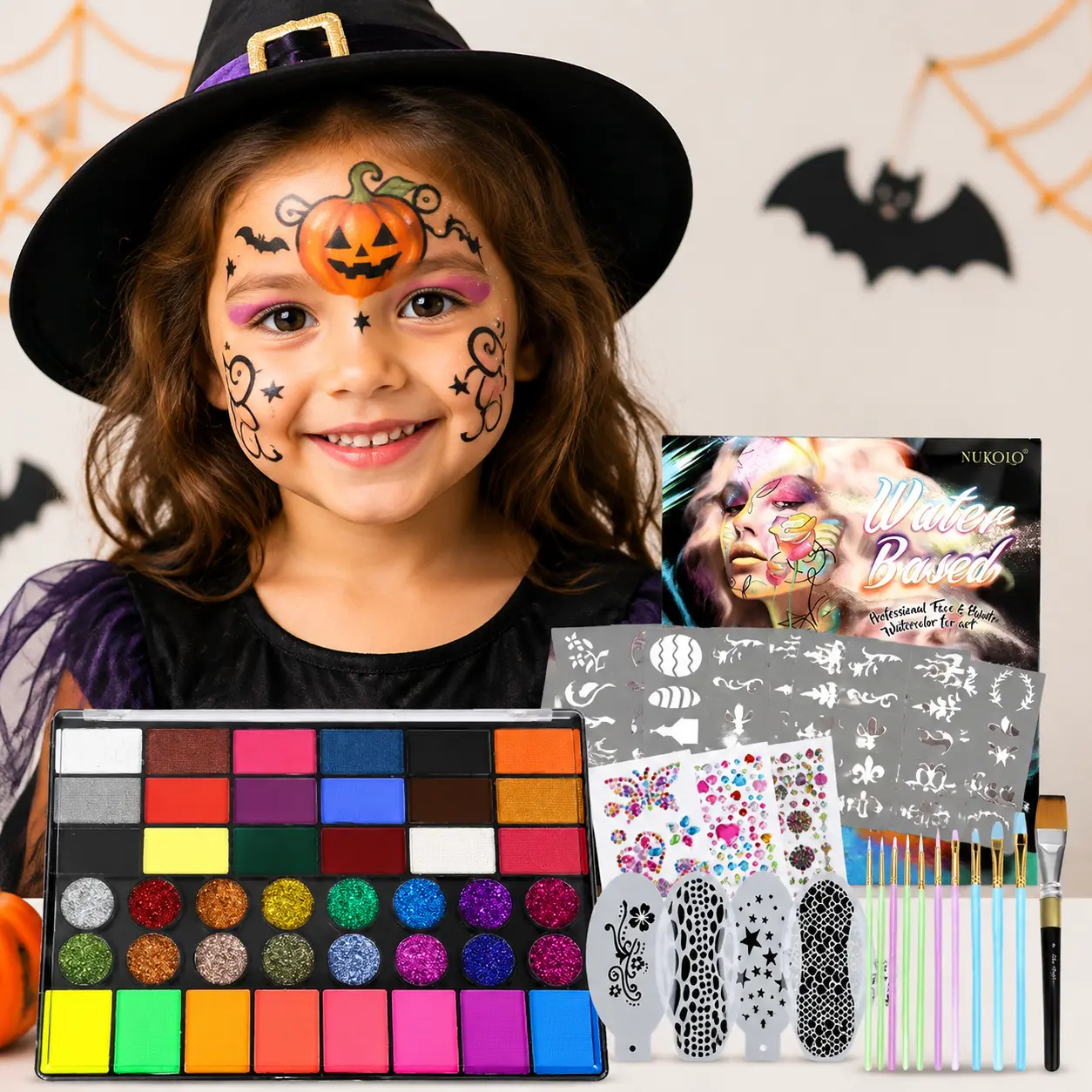 42-Shade Water-Based Face & Body Paint Kit, Vibrant Cosmetic Palette with Large White, Black & Neon Glow UV Colors for Halloween Pumpkin Designs, Cosplay & Stage SFX Makeup