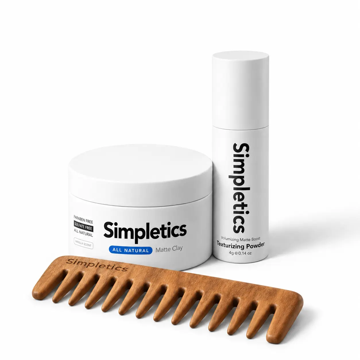 Simpletics Styling Essentials for Men – Free Wooden Comb Gift + Matte Hair Clay & Texture Powder Set, Root Lift, Volume & Strong Matte Hold, No Shine