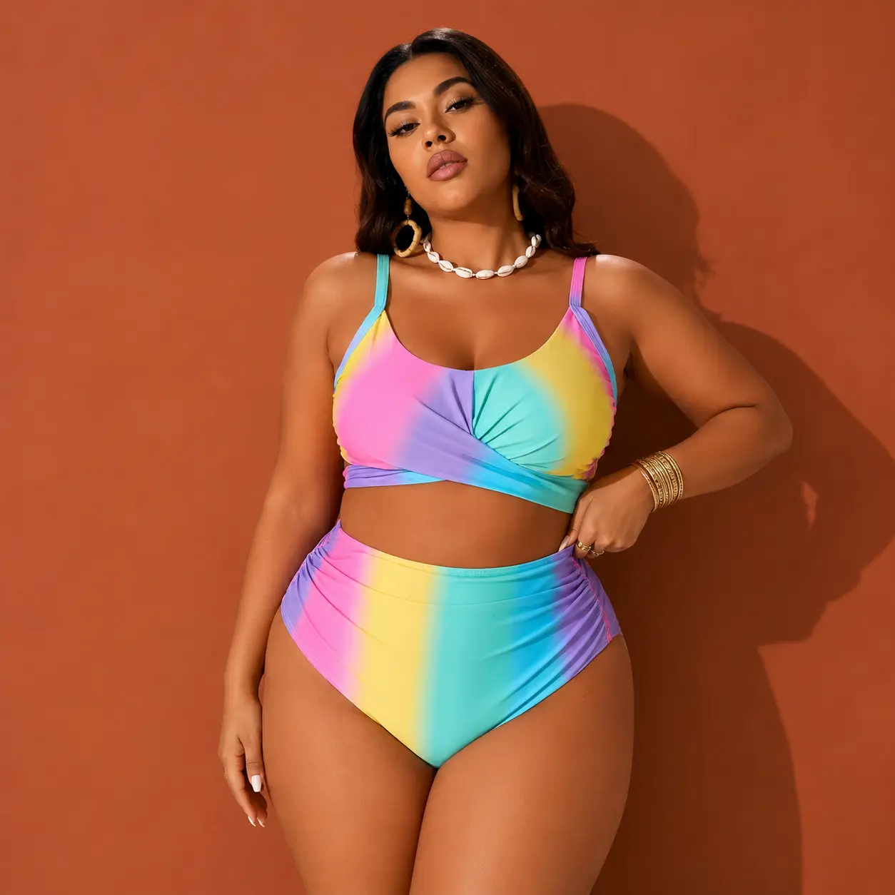 Plus Size Rainbow Gradient Twist Front Bikini Set for Women, High Waisted Two Piece Swimsuit with Scoop Neck Straps, Open Back Tie Detail, Colorful Pastel Beach Pool Vacation Swimwear Set