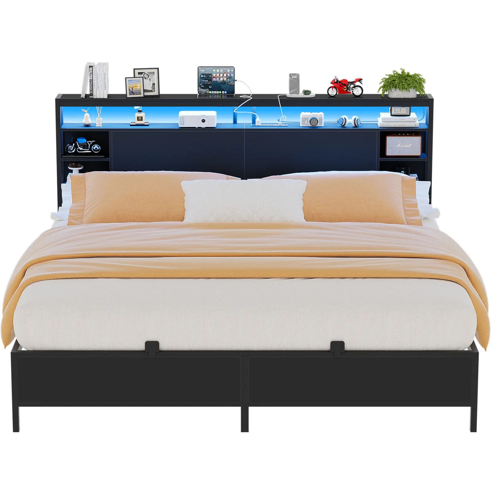 Homieasy King Size Bed Frame with Storage Headboard, Power Socket and Smart LED Lights, Sturdy and Stable Platform Bed, Heavy Duty Metal Slats, Noise Free, No Box Spring Needed, Easy to Assemble, Black