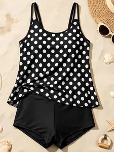 Women's Sleeveless 2-Piece Tankini Suit - Modest Swimsuit for Women with Anti-Slip Adjustable Shoulder Buckles, Built-in Padded Support Tank Top, Stretch High Coverage Swim Shorts, Detachable for Beach, Pool Trips