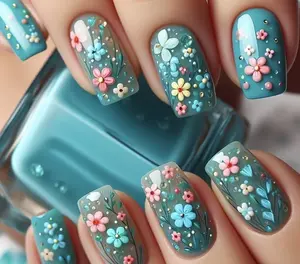 24pcs Spring Summer Blue Floral Press-On Nails - Short Square Glossy Wearable Nail Patches with Jelly Glue & File Strips