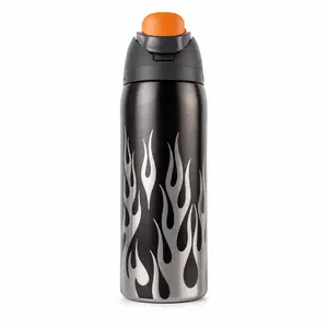 Owala FreeSip 32oz Sporty Flame Water Bottle, Black Silver Vacuum Insulated Stainless Steel Straw Lid Cup, Leak-Proof Sports Bottle for Workout, Outdoor Use and Iced Drinks