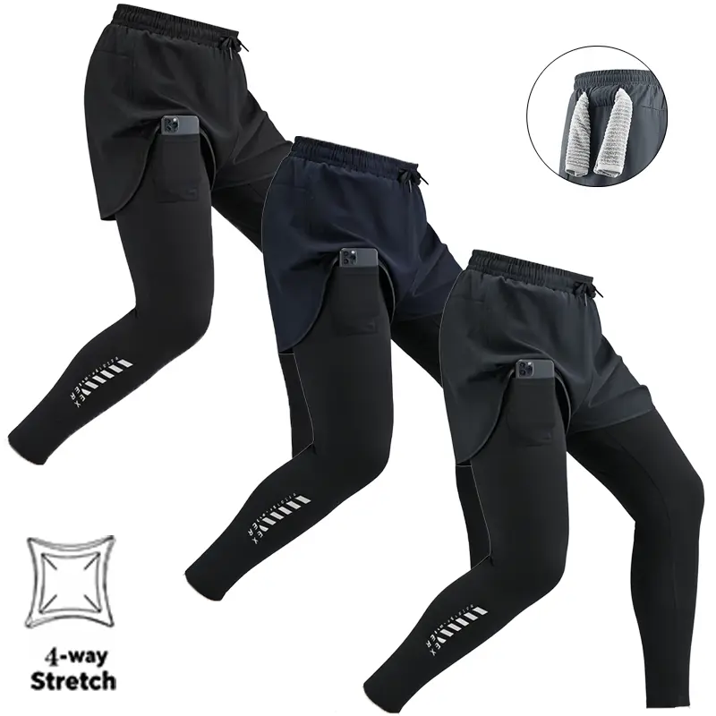 Men’s 3-Pack 2-in-1 Athletic Running Pants - Stretch Fitness Activewear with Elastic Waistband, Built-In Phone Pocket, Towel Loop, Quick-Dry Fabric - Suitable for Running, Fitness, All Seasons