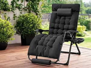 Oversized Zero Gravity Recliner Lounge Chair, 32 Inch Adjustable Anti Gravity Folding Chair with Detachable Soft Cushion and Built-in Cup Holder, Padded Design Suitable for Indoor and Outdoor Use, Black