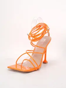 Women's 4.2 Inch Lace Up Stiletto Heeled Sandals - Square Open Toe Thong Sandals with Crisscross Ankle Wrap Straps, Sexy Tie-Up High Heels for Party, Club & Evening Events
