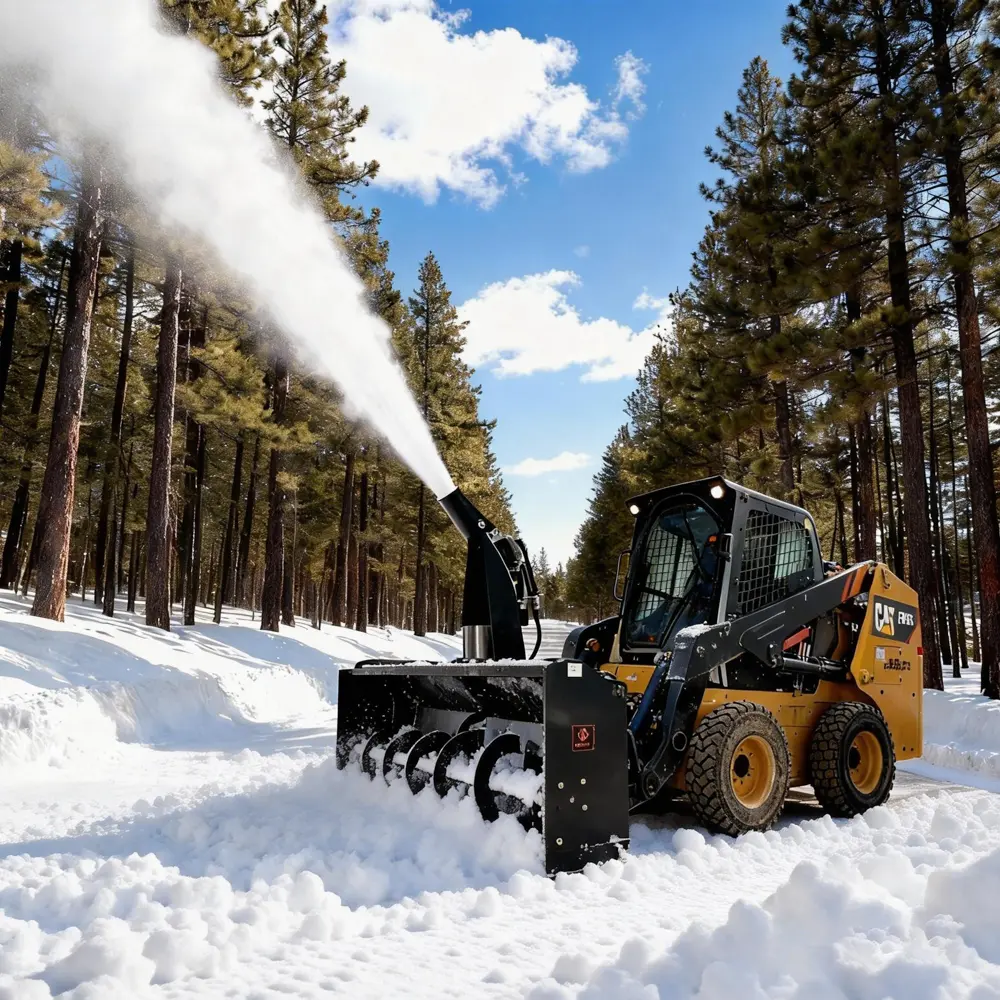 72'' Cutting Width Skid Steer Hydraulic Snow Blower Attachment, Quick Attach with Mount Plate, 20 GPM Standard Flow, 20'' x 5 Blades Fan, 13'' Direct-Drive Hydraulic Auger, No Freeze-Up Chute, 926 lb Durable for Commercial Use