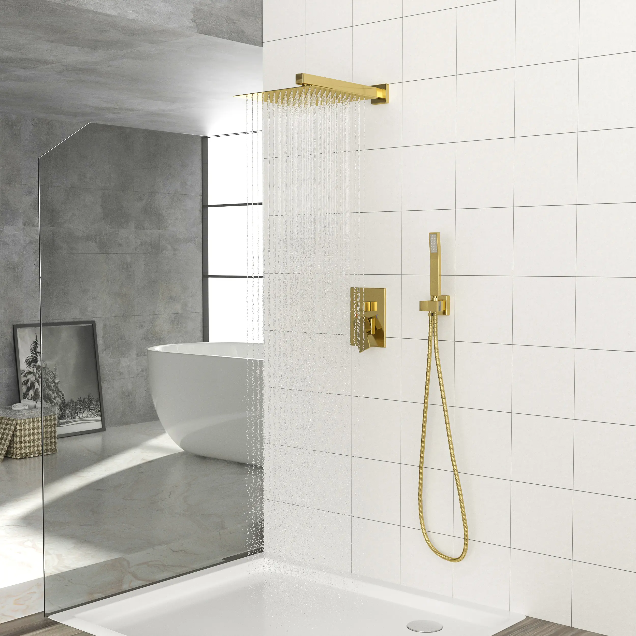 10 Inch Square Dual Shower Head Wall Mounted Shower System with Rough-in Valve, Gold Finish, Fixed Rainfall and Handheld Combo for Bathroom Remodel, Modern Luxury Shower Fixture Set, Bathroom Shower Door for Bathtub, Shower Room