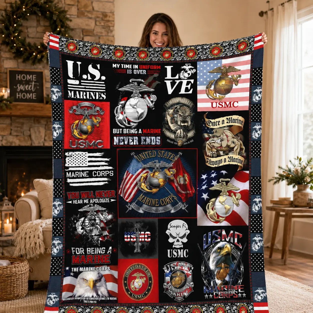 US Marines Flannel Blanket, USMC Marine Corps Veteran Pride Throw Blanket, Once A Marine Always A Marine Patriotic Military Soft Cozy Blanket For Couch Bed Sofa Decor Gift