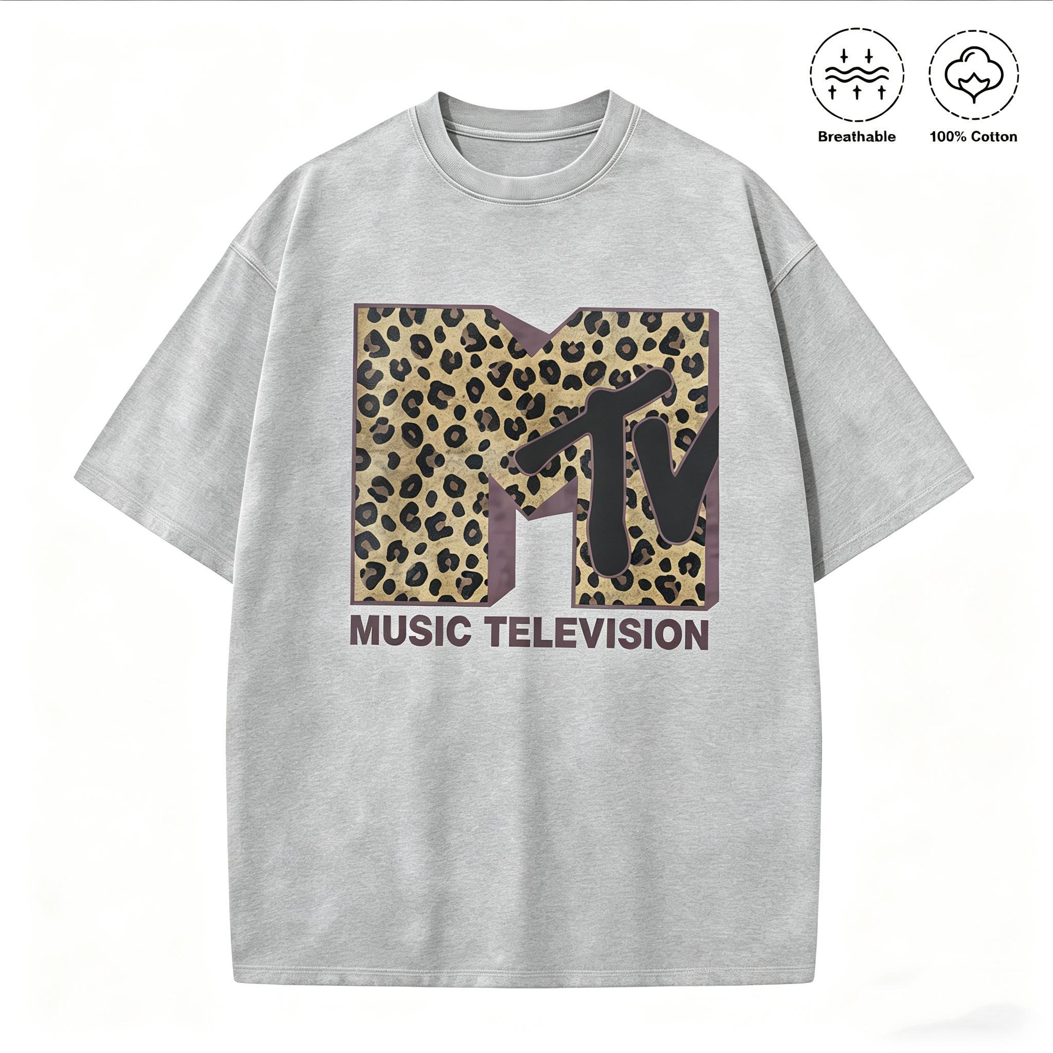 MTV Leopard Print Logo Graphic T-Shirt, Vintage Washed 100% Cotton Oversized Crew Neck Short Sleeve Tee for Men Women, Retro 80s 90s Music Television Casual Streetwear, Breathable Summer Top,funny graphic tee, men’s trendy t-shirts,