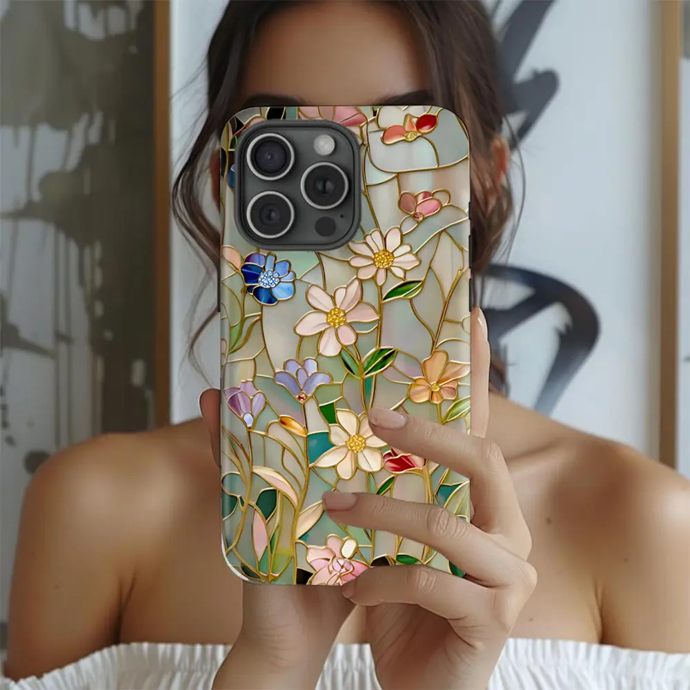 Rose Gold and Pastel Colored Wildflowers Floral Stained Glass Effect 2-in-1 Phone Case with Durable, Shock Absorbing, Stylish Design. Compatible with Iphone 11, 12, 13, 14, 15 and 16 Pro Max and Pro Plus Series A creatively designed new phone case, perfec